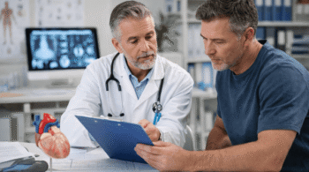 Consulta médica detalhada com o coração modelo