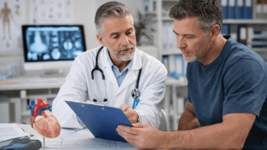 Consulta médica detalhada com o coração modelo